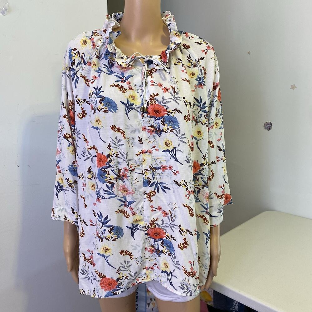 SimplyNoelle White Floral Blouse Women L/XL(12-14) Ruffle Round Neck Cottagecore - Picture 5 of 7